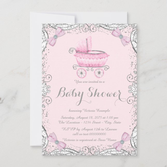 Convites Chuva de Glitter Rosa e Cinza para Chá de Bebê (Frente)