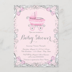 Convites Chuva de Glitter Rosa e Cinza para Chá de Bebê