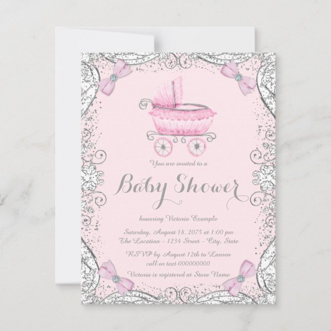 Convites Chuva de Glitter Rosa e Cinza para Chá de Bebê (Frente)