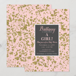 Convites Chuva de Glitter Rosa e Dourado Chá de Bebê Modern