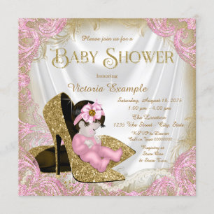 Convites Chuva de Glitter Rosa e Dourado Sapato Pérola Baby
