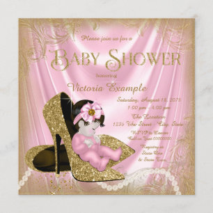 Convites Chuva de Glitter Rosa e Dourado Sapato Pérola Baby