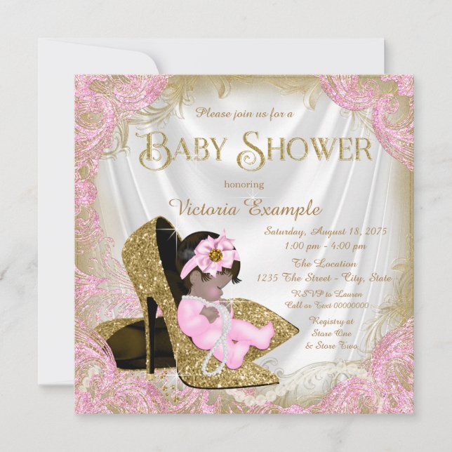 Convites Chuva de Glitter Rosa e Dourado Sapato Pérola Baby (Frente)