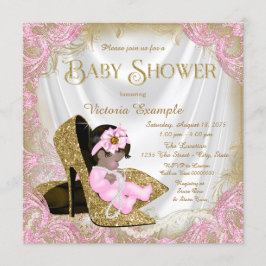 Convites Chuva de Glitter Rosa e Dourado Sapato Pérola Baby