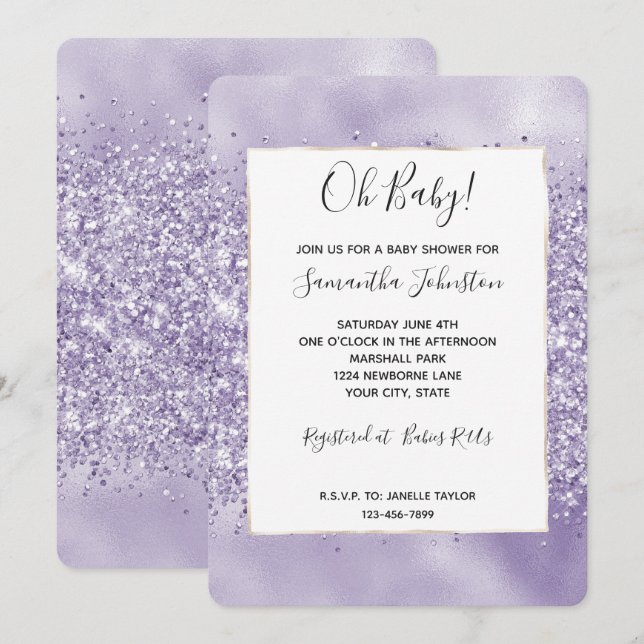 Convites Chuva de Glitter Roxo Baby Shower (Frente/Verso)