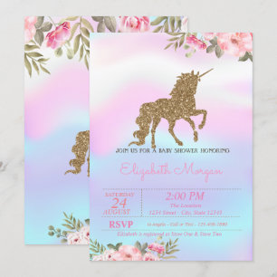 Convites Chuva de Glitter Unicórnio Floral Holográfico para