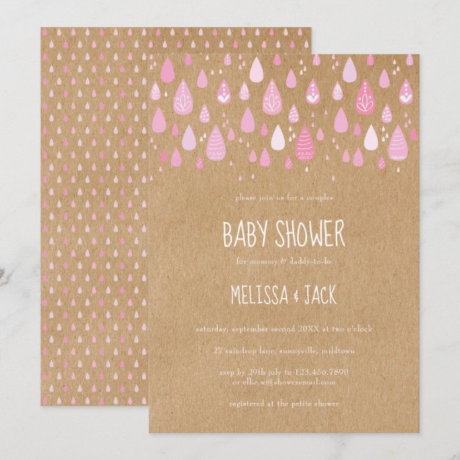 Convites Chuva de Gotas Rosa Rústico Chá de Bebê Menina (Frente/Verso)