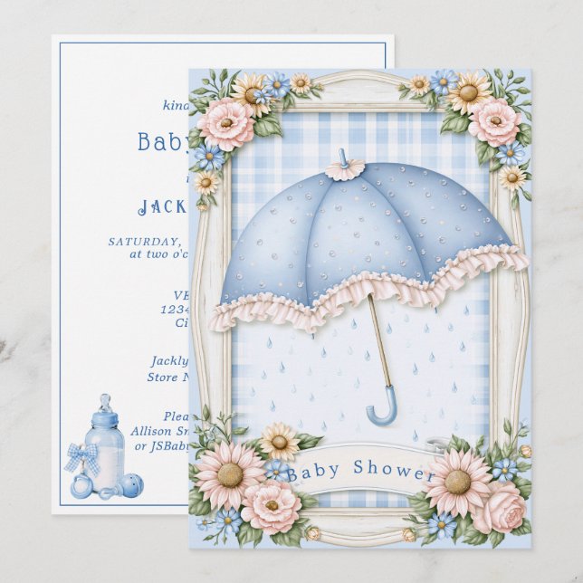 Convites Chuva de Gotículas de Chuva Guarda-Chuva Azul para (Frente/Verso)