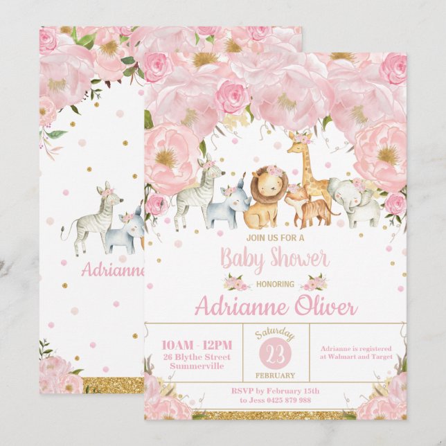 Convites Chuva de Ideias Animais da Selva Floral Rosa Chás  (Frente/Verso)