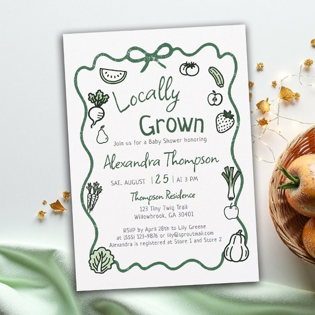Convites Chuva de Ideias de Chá de Bebê Desenhada à Mão e C (locally grown baby shower invitation hand drawn bow frame produce farm fresh green script written )