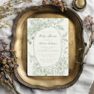 Convites Chuva de Ideias Floral Doodle Verde Sage para Chás