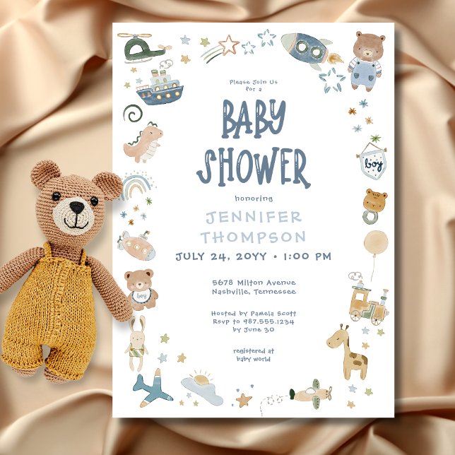 Convites Chuva de Ideias Menino Aguarela Garatujas Chá de B (Whimsical Oh Boy Watercolor Doodle Baby Shower Invitation)