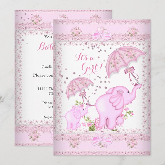 Convites Chuva de Ideias para Chá de Bebê Menina Elefante G (Frente/Verso)