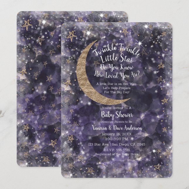 Convites Chuva de Ideias Roxo Dourado Lua Estrelas Baby Sho (Frente/Verso)
