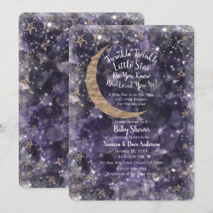 Convites Chuva de Ideias Roxo Dourado Lua Estrelas Baby Sho