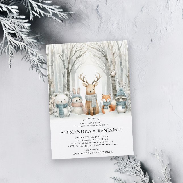 Convites Chuva de Inverno Animais da Floresta Fofa Chuvada  (winter baby shower invitations woodland animals wolderland cute enchanted forest characters)