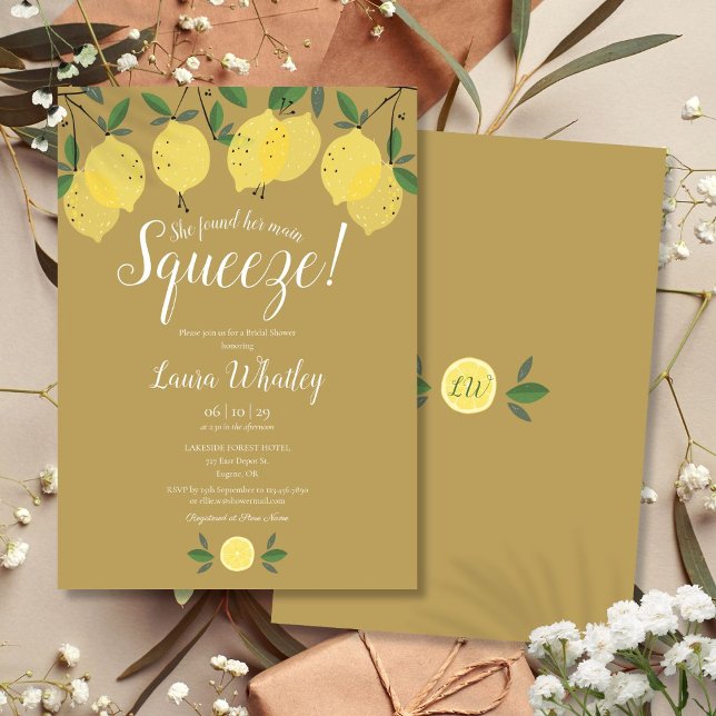 Convites Chuva de Lembranças de Limões Dourados para Chá de (Main Squeeze Lemons Gold Bridal Shower Invitation)
