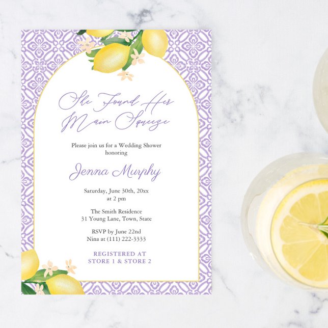 Convites Chuva de Lembranças Lilás Festa de Chá de Noiva do (Lemons Lavender Modern arch she found her main squeeze bridal shower invitation with QR code)