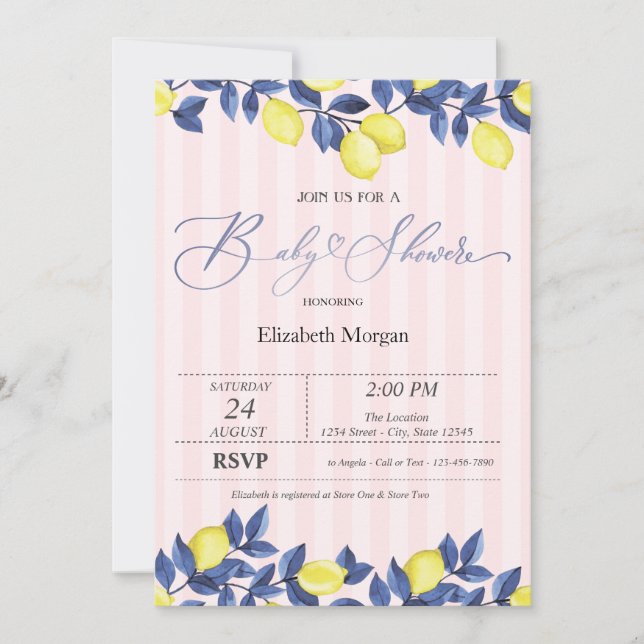 Convites Chuva de Lemons Rosa Listras Baby Shower  (Frente)