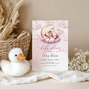 Convites Chuva de Luar Rosa e Ursinho de Pelúcia Baby Showe