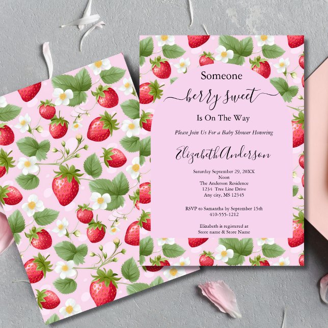Convites Chuva de Morango Doce Rosa Vermelho Branco Baby Sh (Strawberry Pink Berry Sweet Baby Girl Baby Shower invitation. Printed or Digital Download)
