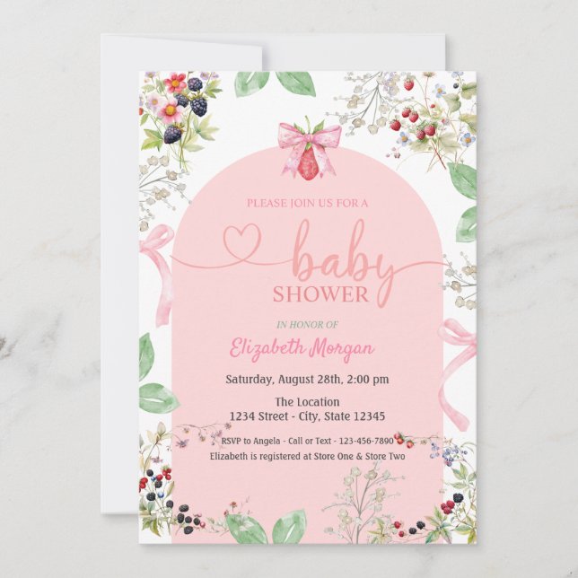 Convites Chuva de Morango em Aquarela para Baby Shower (Frente)