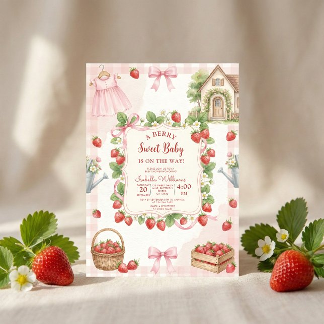 Convites Chuva de morango para baby shower Primeira Baga Do (Criador carregado)