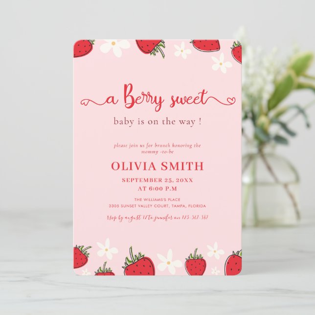 Convites Chuva de Morango Rosa Doce Floral Baby Shower (Em pé/Frente)