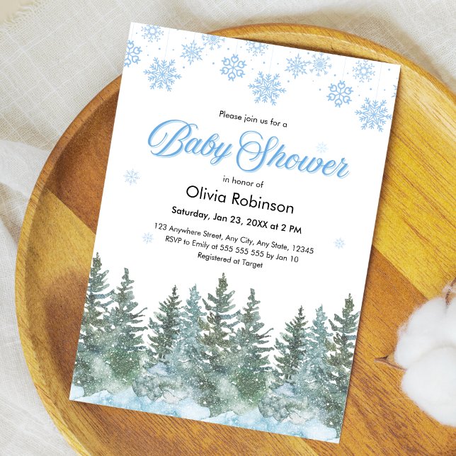 Convites Chuva de Neve Árvores de Pinheiro Banho de Bebê de (Snowflakes Pine Trees Winter Baby Shower Invitation )