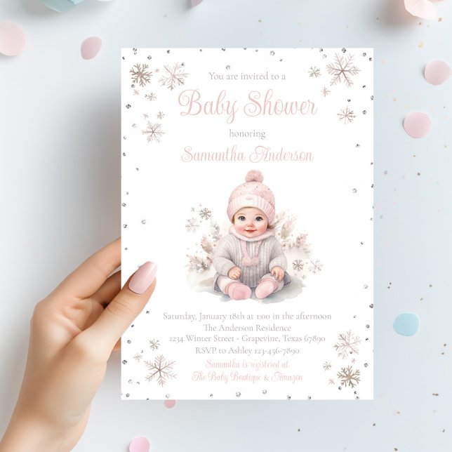 Convites Chuva de Neve de Inverno para Bebê Menina (Baby girl snowflake winter baby shower invitation. Simply add your event details.)