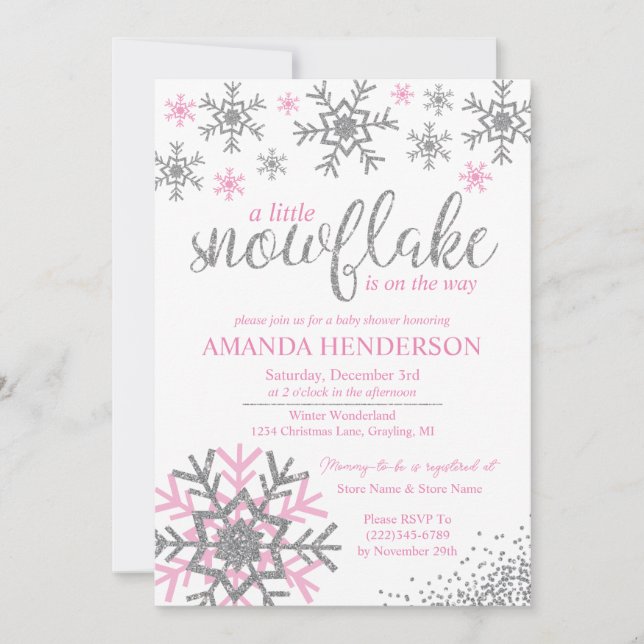 Convites Chuva de Neve Rosa de Inverno Baby Shower (Frente)