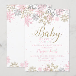Convites Chuva de Neve Rosa e Dourada - Baby Shower de Inve