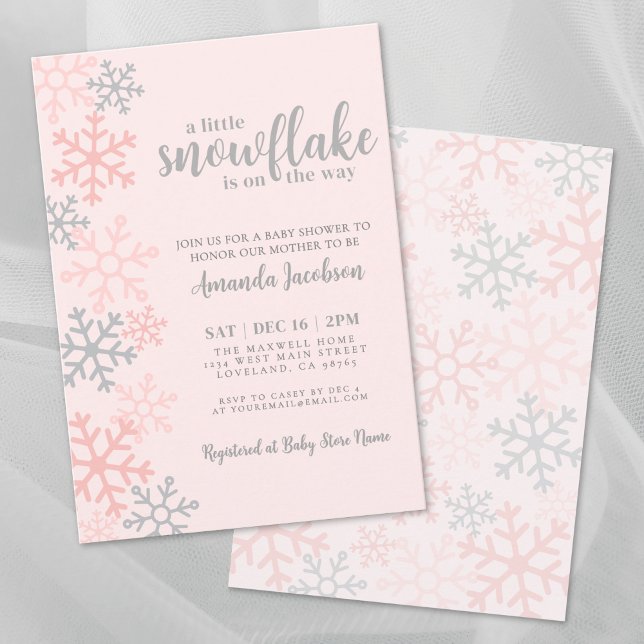Convites Chuva de Neve Rosa Festa de Bebê de Inverno (Snowflake Pink Winter Baby Shower Invitation)