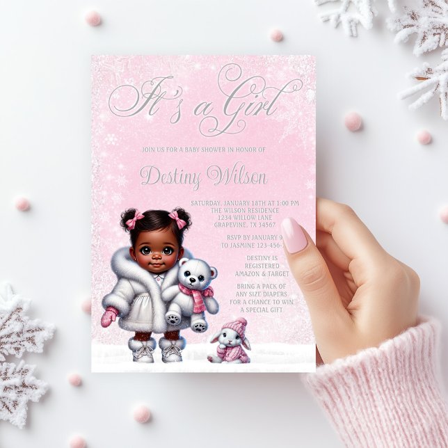 Convites Chuva de Neve Rosa Festa de Bebê Winter Wonderland (Adorable baby girl winter wonderland baby shower invitation with pink snowflake background.)