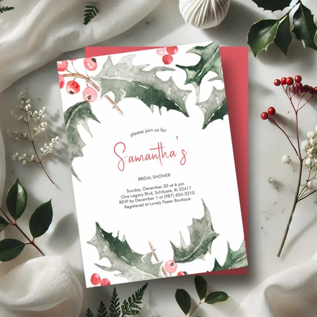 Convites Chuva de Noiva Aquarela de Natal com Azevinho (Winter bridal shower invitations. Watercolor holly and berries in shades of red and green.)