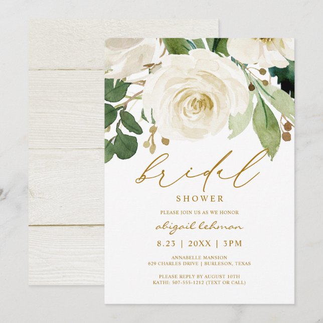 Convites Chuva de Noiva Aquarela Floral Branco Folhagem 2 (Frente/Verso)