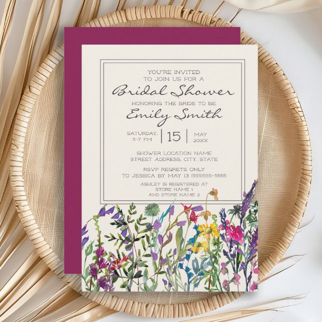Convites Chuva de Noiva Aquarela Flores Silvestres Creme Ro (Watercolor wildflowers bridal shower invitation)