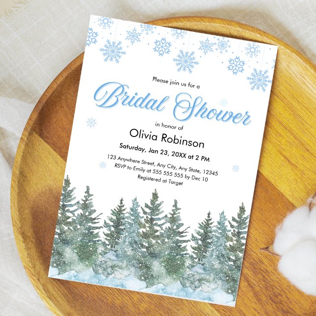 Convites Chuva de Noiva Árvores de Pinheiro de Inverno (Winter Pine Trees Snow in Love Snowflakes Bridal Shower Invitation )