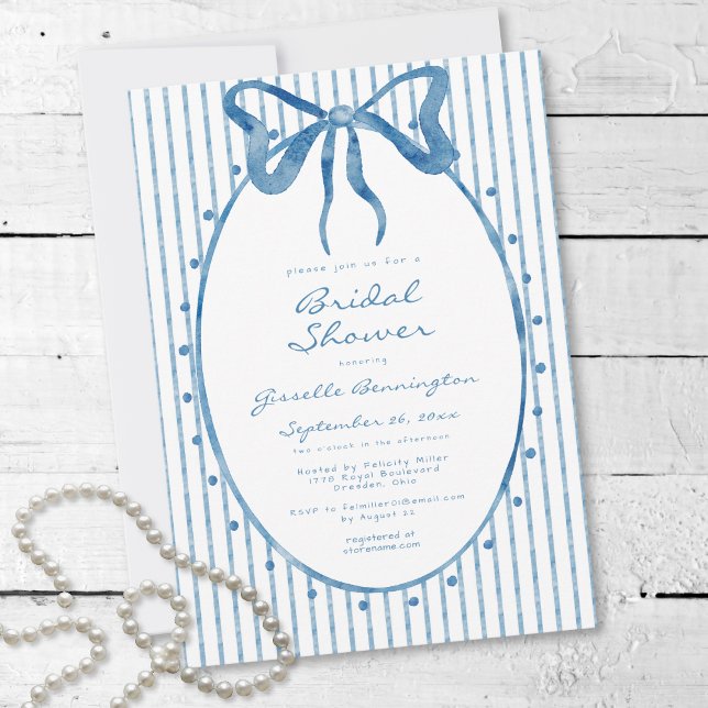 Convites Chuva de Noiva Azul Caprichosa com Listra de Arco  (Whimsical Blue Watercolor Bow Stripe Bridal Shower Invitation)