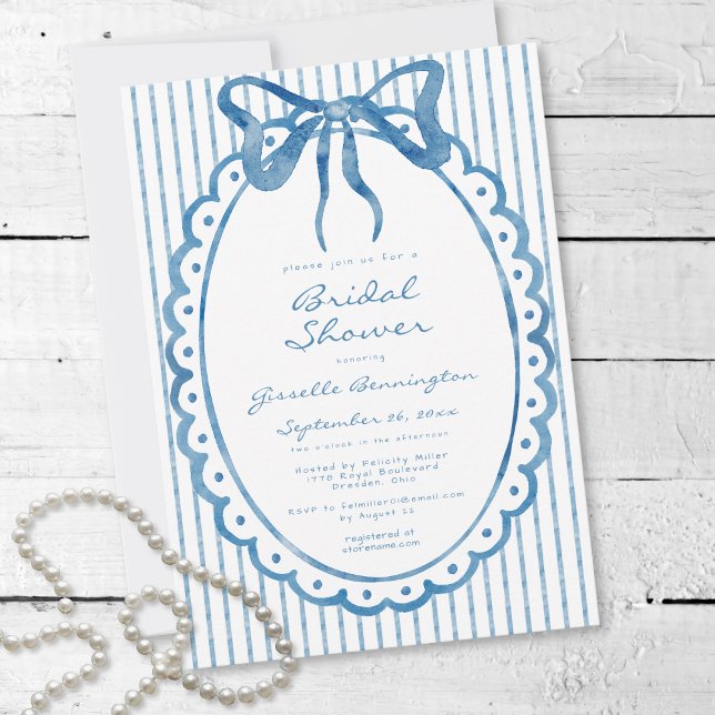 Convites Chuva de Noiva Azul Caprichosa com Listra de Arco  (Whimsical Blue Watercolor Bow Stripe Bridal Shower Invitation)