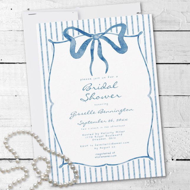 Convites Chuva de Noiva Azul Caprichosa em Aquarela com Lis (Whimsical Blue Watercolor Bow Stripe Bridal Shower Invitation)