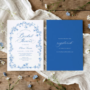 Convites Chuva de Noiva Azul e Branco Floral Toile Francês