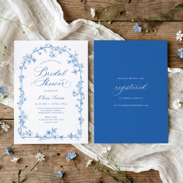 Convites Chuva de Noiva Azul e Branco Floral Toile Francês (Blue and white wildflower bridal shower invitation with French vintage toile arch frame)
