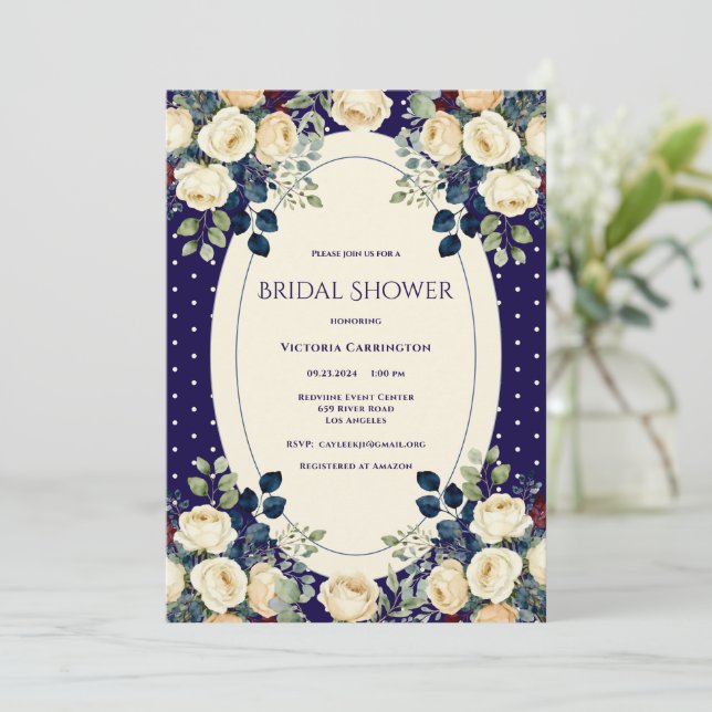 Convites Chuva de Noiva Azul e Creme com Bolinhas Florais E (Em pé/Frente)