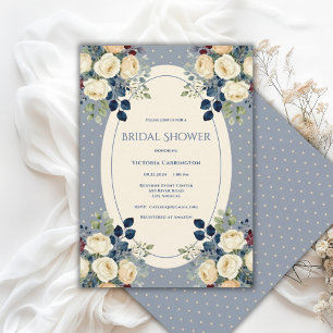 Convites Chuva de Noiva Azul e Creme com Bolinhas Florais E