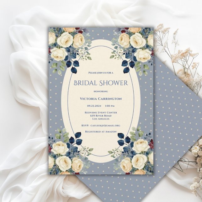 Convites Chuva de Noiva Azul e Creme com Bolinhas Florais E (Criador carregado)