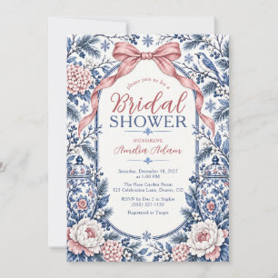 Convites Chuva de Noiva Azul e Rosa Empoeirada Chinoiserie 