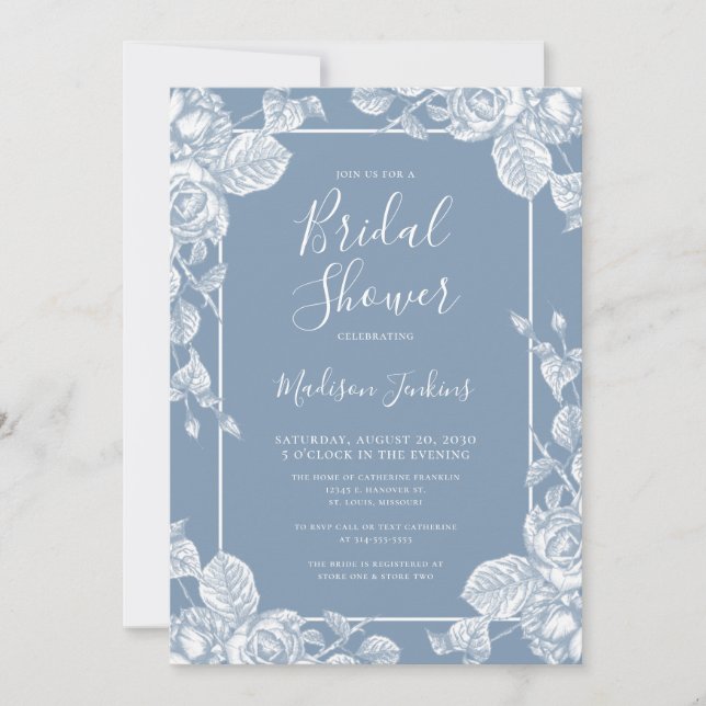 Convites Chuva de Noiva Azul Floral Empoeirada (Frente)