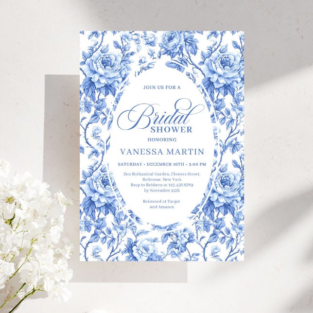 Convites Chuva de Noiva Azul-Marinho Clássica Francesa Toil (Classic French Toile de Jouy Navy Bridal Shower Invite)