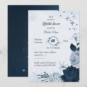 Convites chuva de noiva azul marinho e flores azuis poeiren